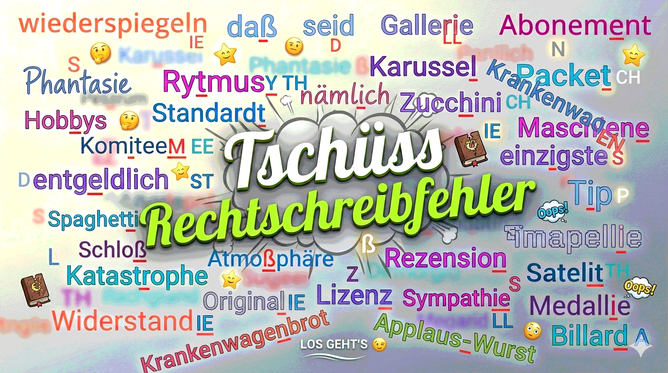 „Tschüss Rechtschreibfehler“ inmitten typisch falsch geschriebener Wörter wie Rytmus, Standardt und Abonement, die richtigen Buchstaben jeweils markiert