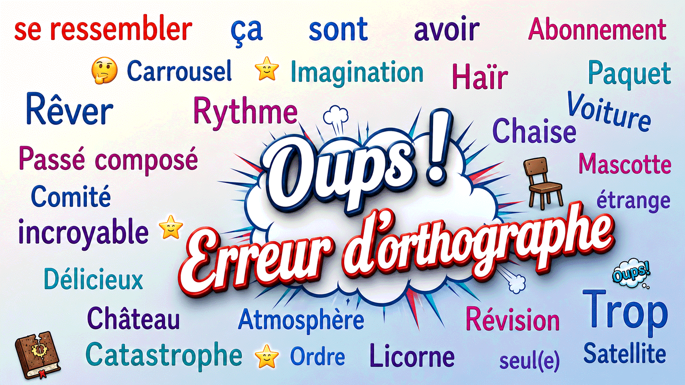 « Oups ! Erreur d’orthographe » entouré de mots souvent mal écrits comme Rythme, Carrousel et Abonnement