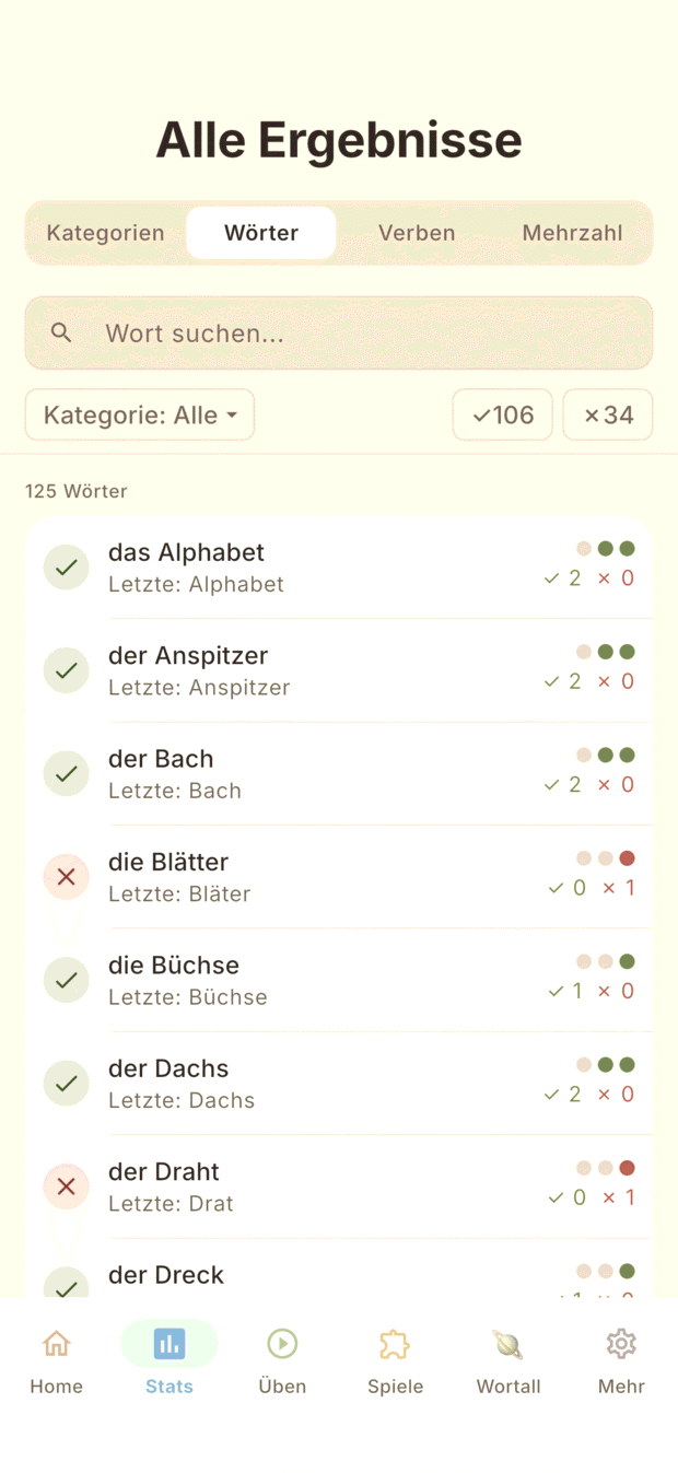 Alle Ergebnisse, Tab Wörter: 125 Wörter, je Wort die letzte Eingabe und die letzten drei Antworten