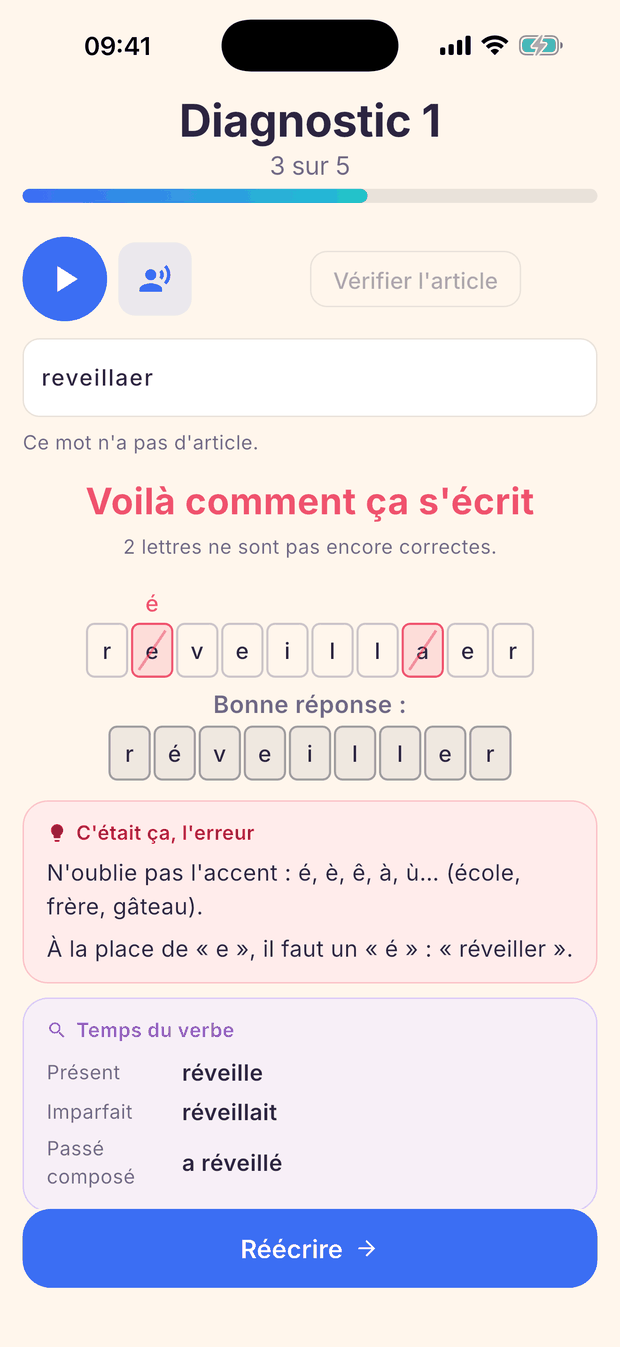 Correction du mot « réveiller » avec l’accent manquant et la règle qui l’explique