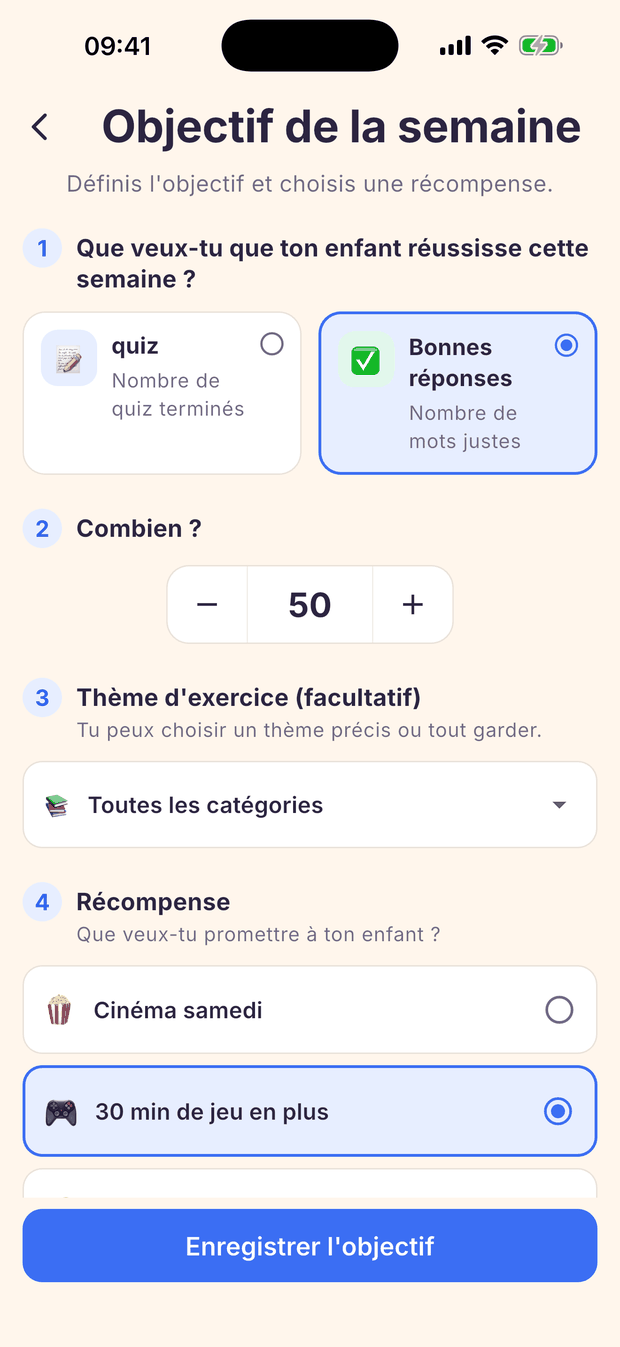 Objectif de la semaine sur une seule page : objectif, nombre, thème et récompense