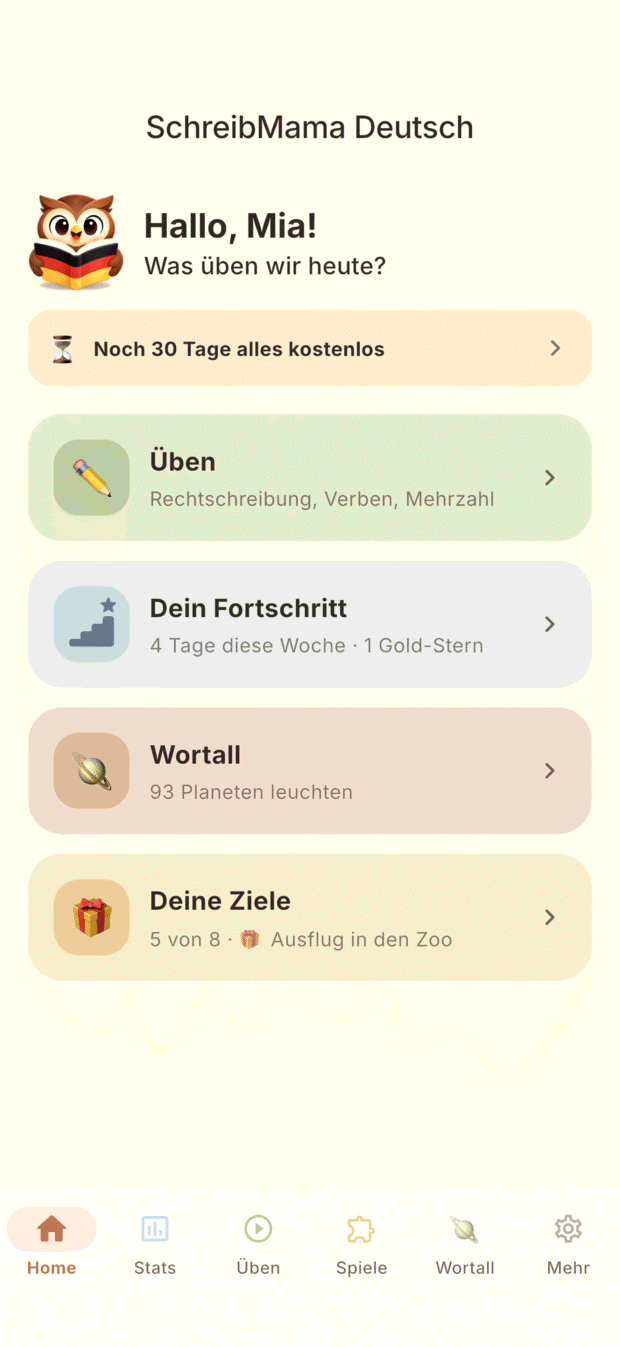 Startseite mit Üben, Dein Fortschritt, Wortall und Deine Ziele