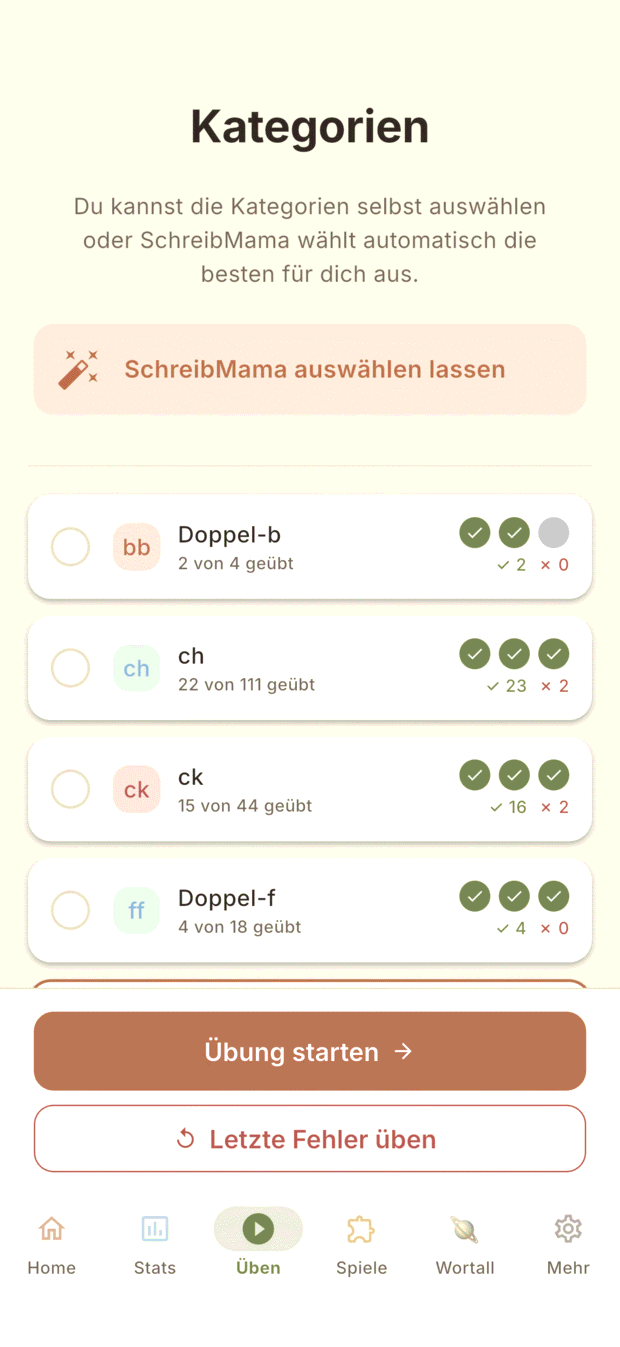Kategorien auswählen: Doppel-b, ch, ck, Doppel-f mit den letzten drei Ergebnissen, dazu „SchreibMama auswählen lassen“