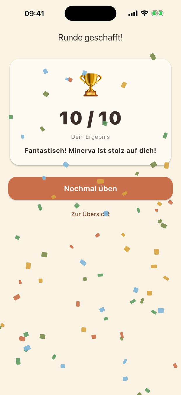 Ergebnis einer Runde: 10 von 10 richtig, mit Konfetti und Pokal