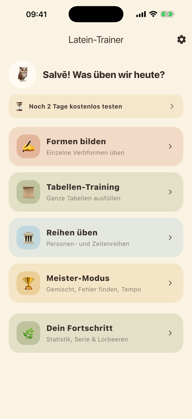 Startbildschirm von SchreibMama Latein mit den Übungsarten Formen bilden, Tabellen-Training, Reihen üben, Meister-Modus und Dein Fortschritt