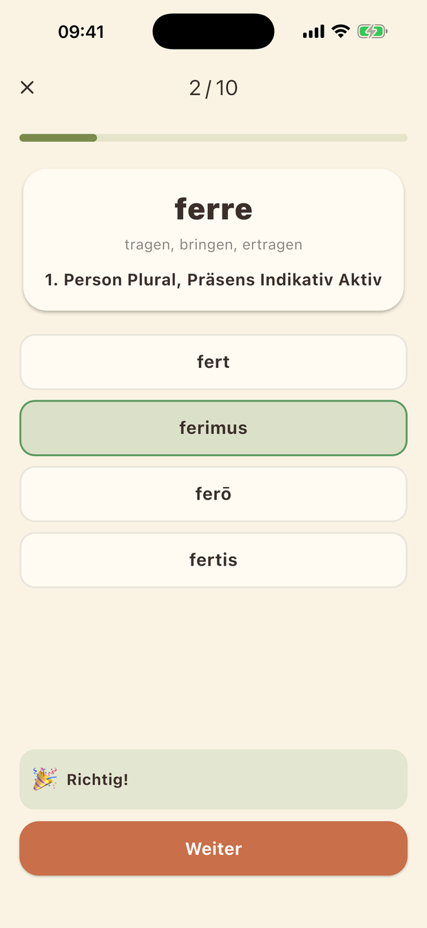 Übung „Richtige Form wählen“: ferre, 1. Person Plural Präsens Indikativ Aktiv, vier Antwortmöglichkeiten