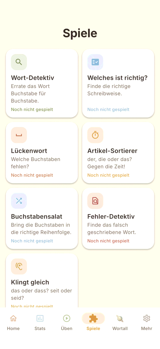 Übersicht der sieben Lernspiele: Wort-Detektiv, Welches ist richtig, Lückenwort, Artikel-Sortierer, Buchstabensalat, Fehler-Detektiv, Klingt gleich